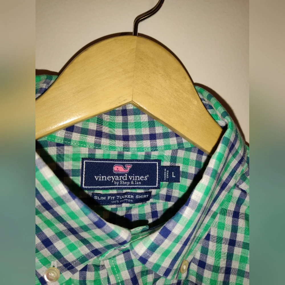 Vineyard Vines Slim Fit Tucker Shirt Plaid Green Blue Cotton Long Sleeve Mens LG - Picture 3 of 4